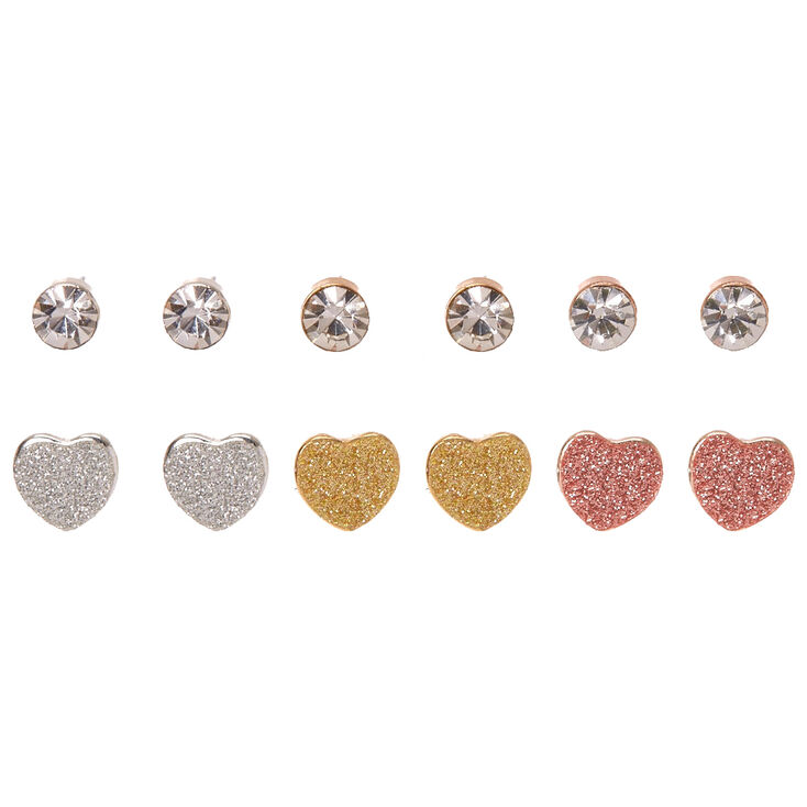 Mixed Metal Glitter Heart & Faux Crystal Stud Earrings,