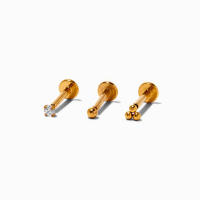 Gold-tone Titanium Cubic Zirconia 16G Tragus Threadless Flat Back Earrings - 3 Pack,