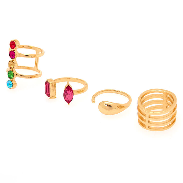 Gold Rainbow Gem Ring Set - 4 Pack,