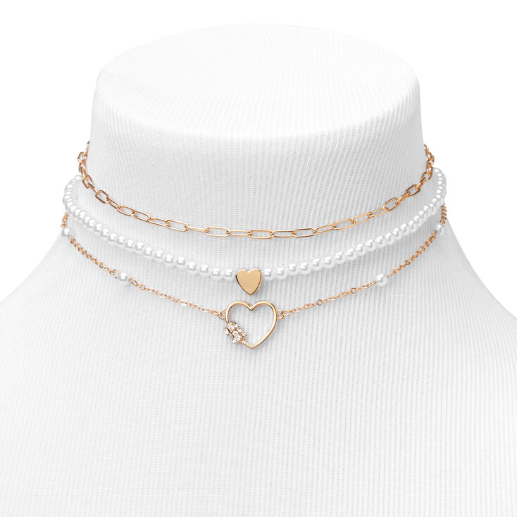Gold &amp; Pearl Heart Chain Choker Necklaces - 3 Pack,