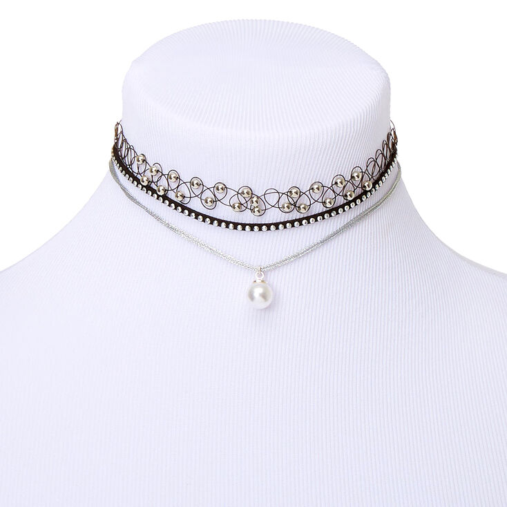 Silver Pearl Choker Necklaces - Black, 3 Pack,