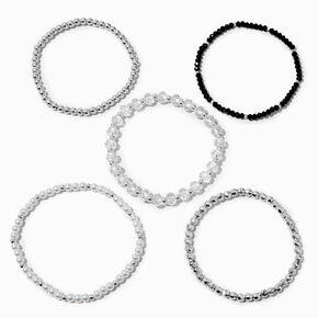 Silver-tone Pearl Black Mixed Beaded Stretch Bracelets - 5 Pack,