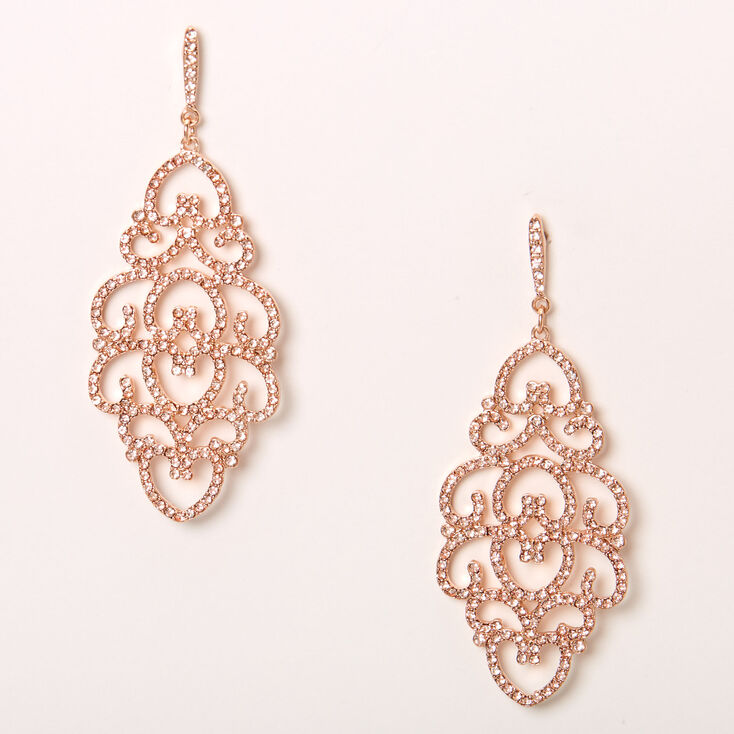 Rose Gold 2.5" Heart Filigree Drop Earrings,
