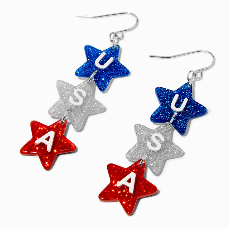 USA Glitter Star Trio 2&quot; Drop Earrings,