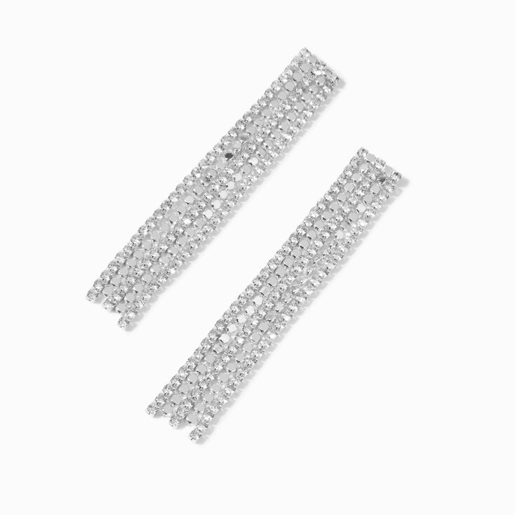 Silver Rhinestone Linear Fringe 3&quot; Drop Earrings,