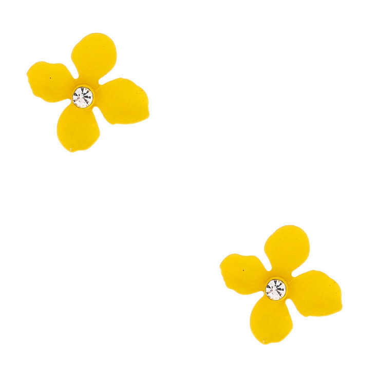 Silver Flower Stud Earrings - Yellow,