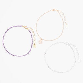 Mixed Metal Daisy &amp; Purple Beaded Chain Anklets - 3 Pack,