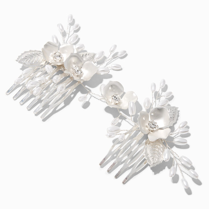 Silver Pearl Flower Hair Comb Clips - 2 Pack,