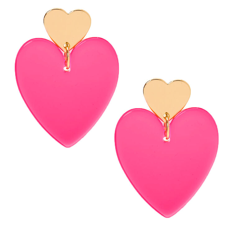 Gold 2" Neon Double Heart Drop Earrings - Pink,