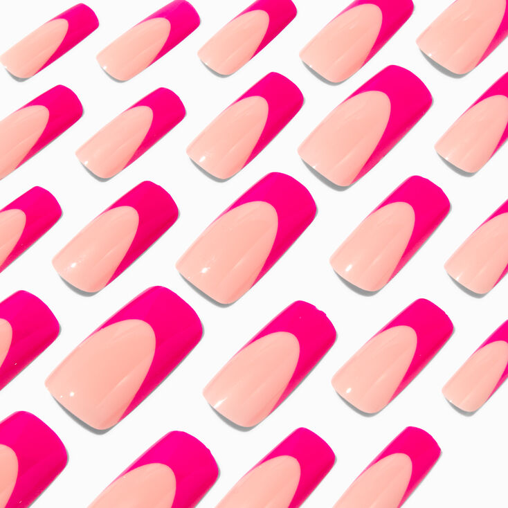 Hot Pink French Tip Long Square Vegan Faux Nail Set - 24 Pack,