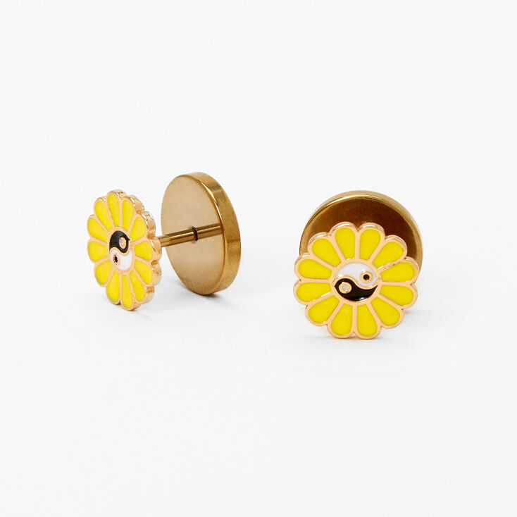 Yellow Yin Yang Daisy Faux Ear Plug Earrings,