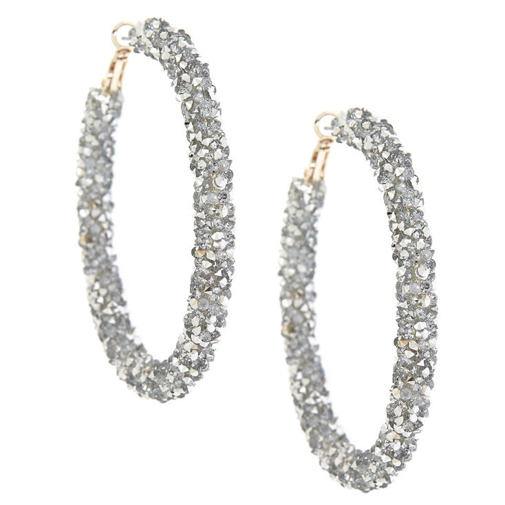 Silver 60MM Crystal Hoop Earrings,