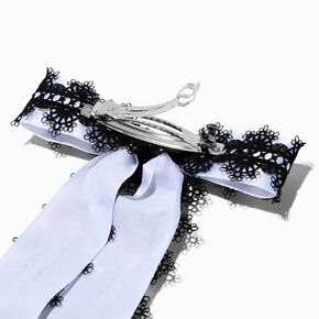 White Satin Black Lace Trim Long Tail Bow Hair Clip,