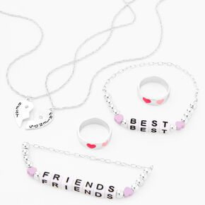 Best Friends Split Heart Pendant Necklaces, Heart Rings &amp; Stretch Bracelerts - 6 Pack,