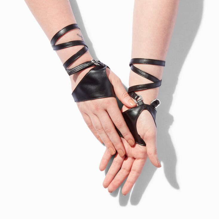 Black Strappy Faux Leather Fingerless Gloves,