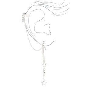 Silver Open Star Ear Cuff Connector Chain Drop Earrings,