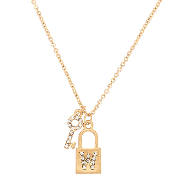 Gold Lock & Key Initial Pendant Necklace - W,