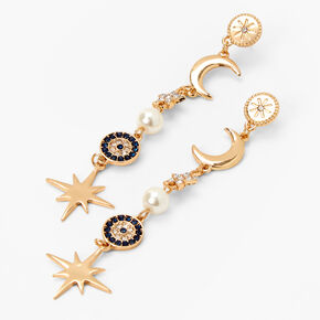 Gold Moon &amp; Stars 3&quot; Linear Drop Earrings,