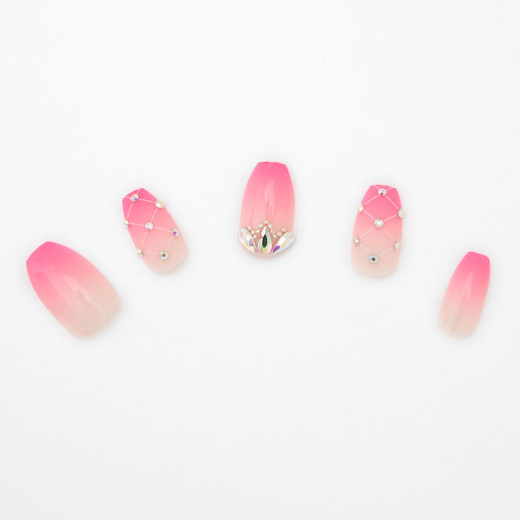 Bright Pink Ombre Crystal Square Faux Nail Set 24 Pack Icing Us Nail art drawing polish stamper. bright pink ombre crystal square faux nail set 24 pack