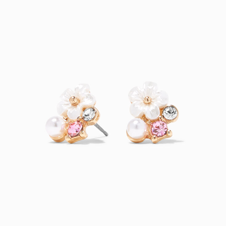 Gold Pearl Pink Flower Cluster Stud Earrings,