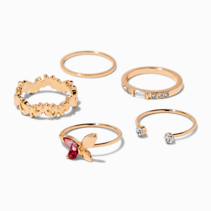 Pink Butterfly Gold-tone Ring Set - 5 Pack,