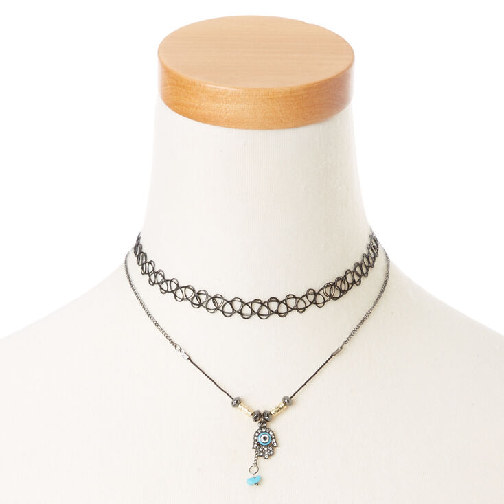 Black Tattoo Choker with Beaded & Crystal Hamsa Hand Necklace,