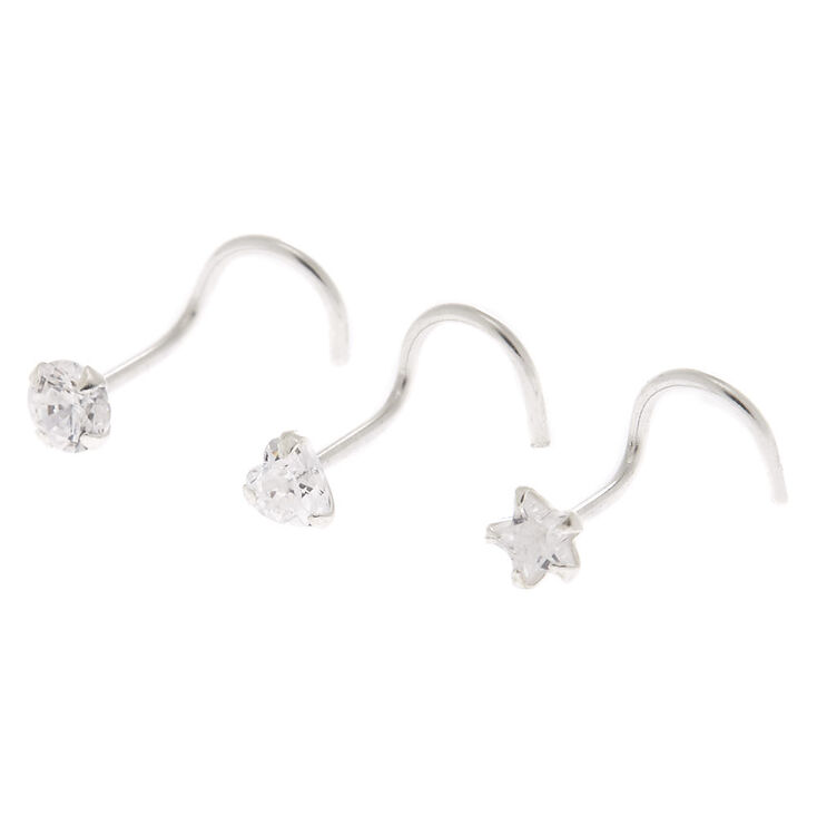 Sterling Silver 22G Cubic Zirconia Nose Studs - 3 Pack,