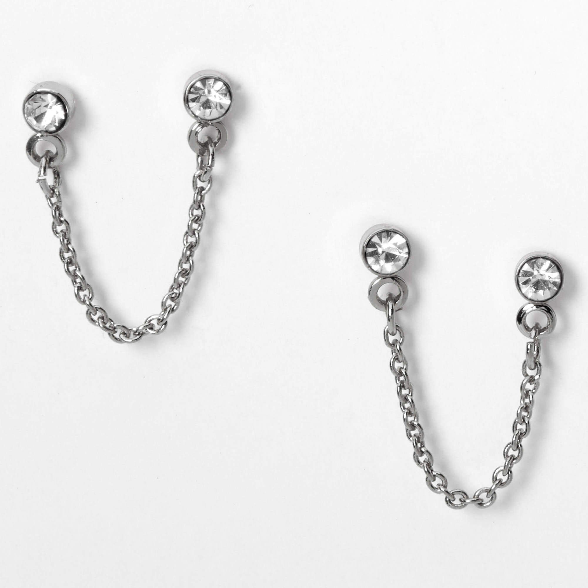 Silver Embellished Stone Connector Chain Stud Earrings Icing Us