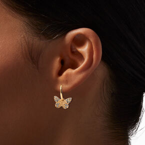 Gold Crystal Filigree Butterfly Clip-On Hoop Earrings,