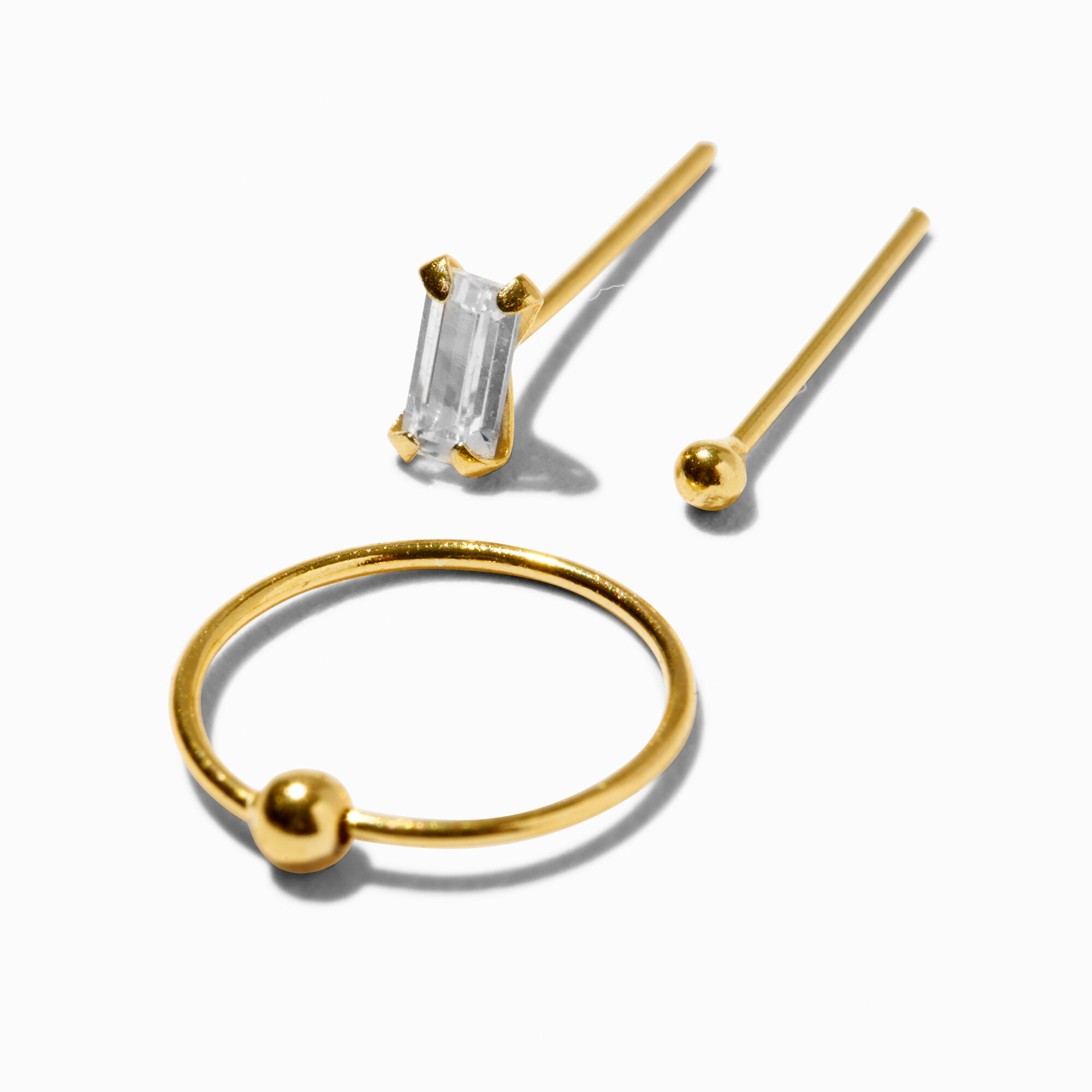 Gold Sterling Silver 22G Ball Baguette Crystal Nose Stud Hoop