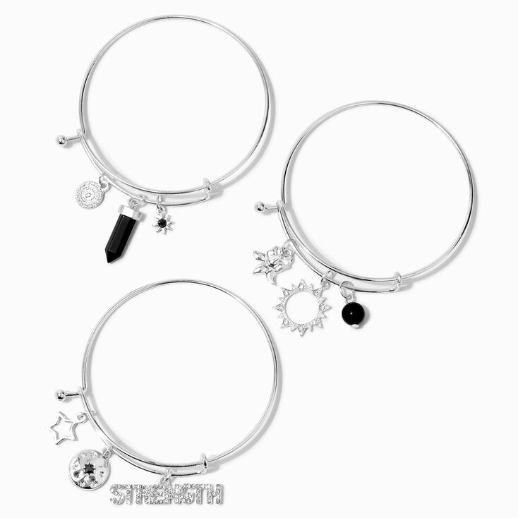 Silver Strength Charms Adjustable Bangle Bracelets - 3 Pack,