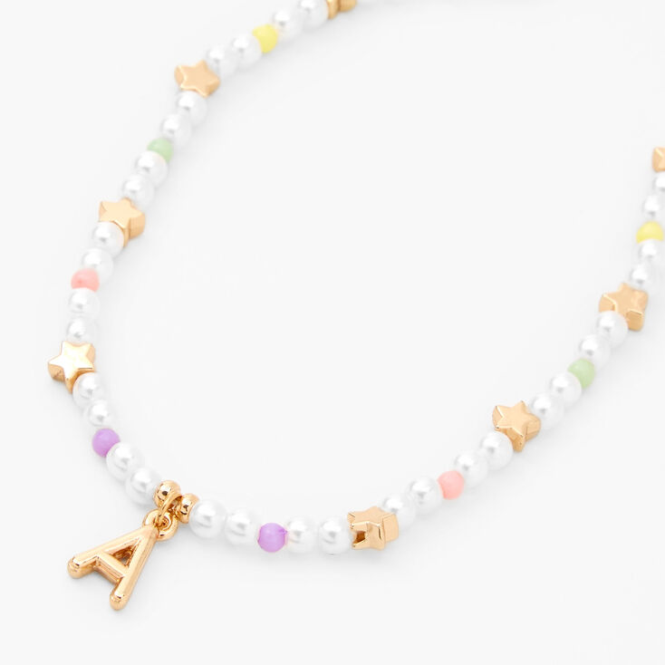 Gold Star &amp; Pastel Pearl Initial Pendant Necklace - A,