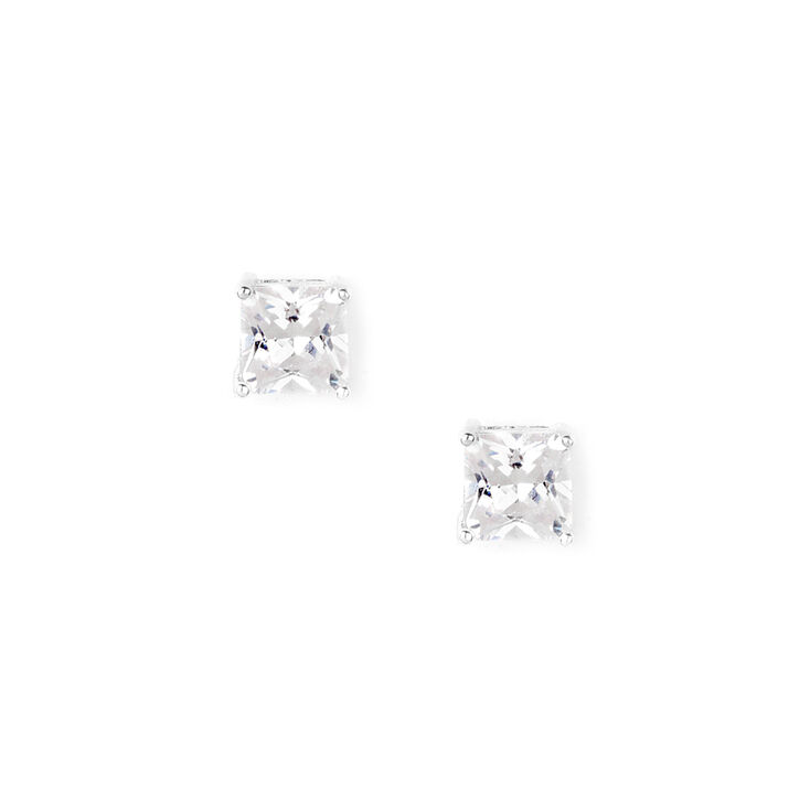 Silver Cubic Zirconia 8MM Square Stud Earrings,