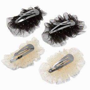 Black &amp; Ivory Glitter Tulle Snap Hair Clips - 4 Pack,