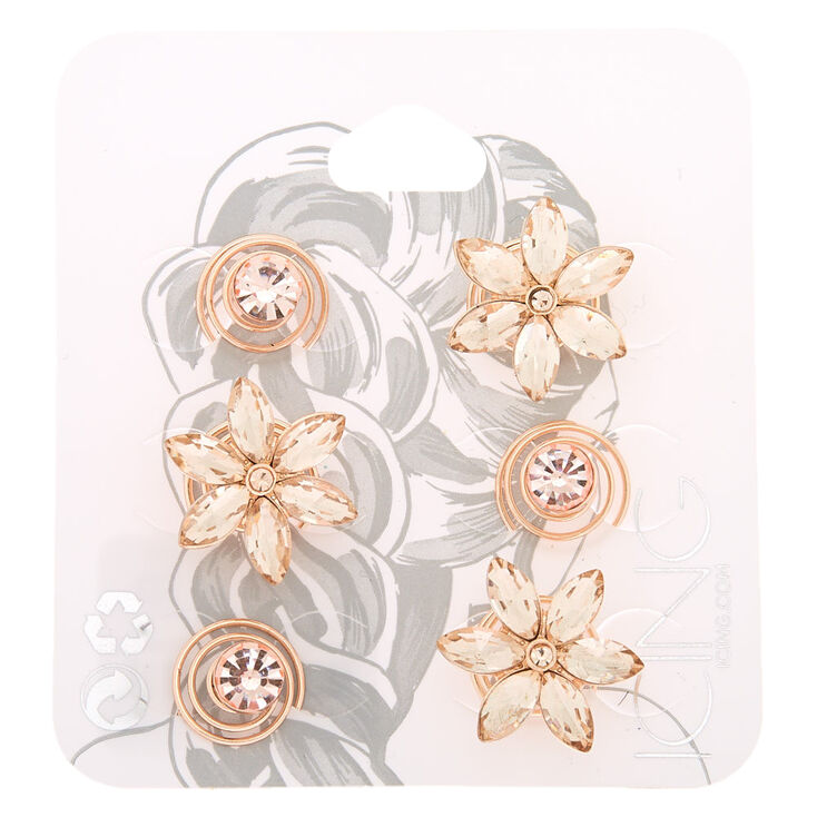 Rose Gold Rhinestone Floral Hair Spinners - 6 Pack,