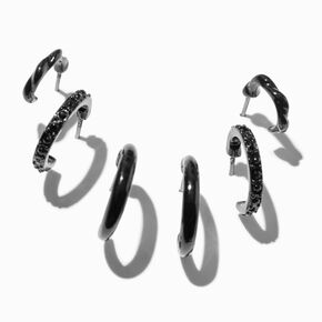 Black Graduated Embellished Huggie Hoop Earring Stackables Set - 3 Pack,