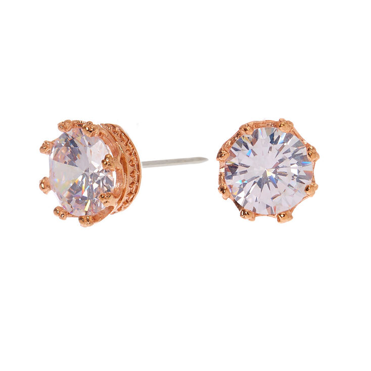 Rose Gold Cubic Zirconia Round Crown Stud Earrings - 8MM,