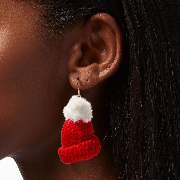 Red Knit Hat 2&quot; Drop Earrings,