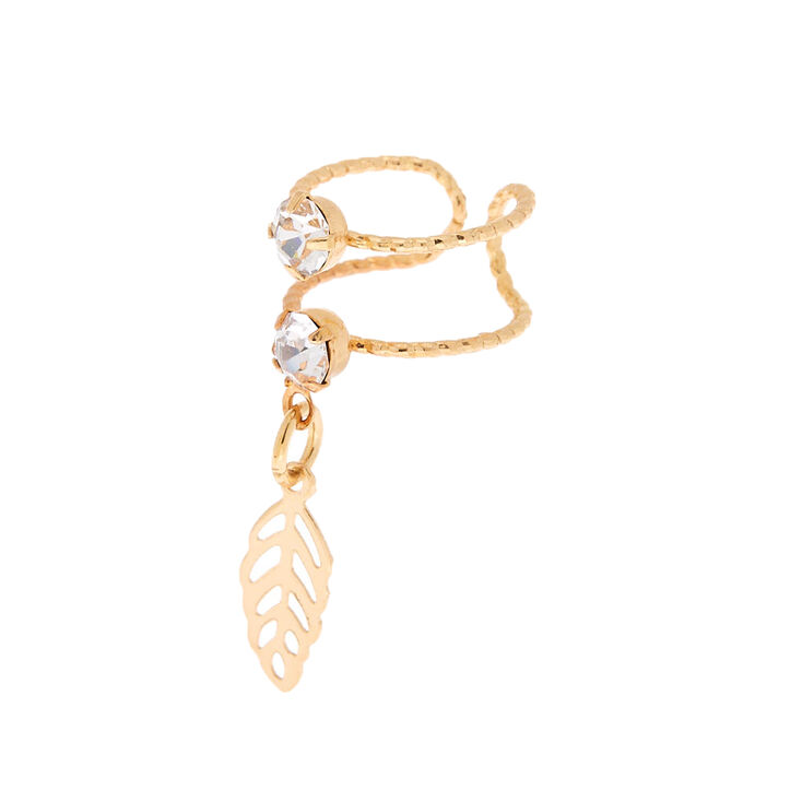 Gold Tone Double Band Ear Cuff with Leaf Charm,