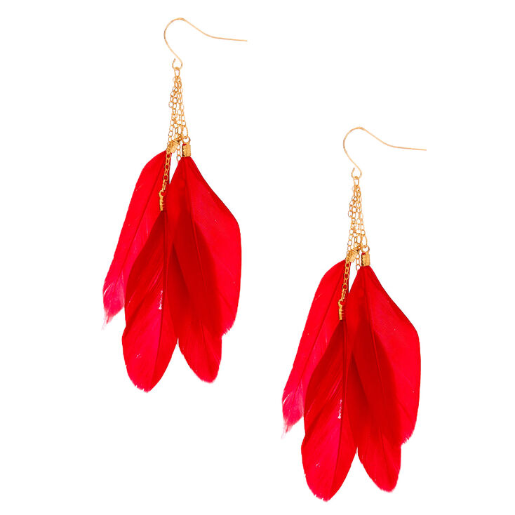 Gold 3.5" Chain Feather Drop Earrings - Red,