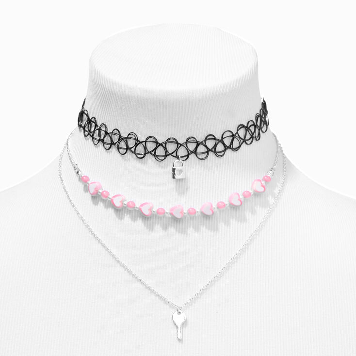 Silver Key &amp; Lock Pink Heart Chain Black Tattoo Multi-Strand Choker Necklace,