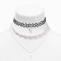 Silver Key &amp; Lock Pink Heart Chain Black Tattoo Multi-Strand Choker Necklace,