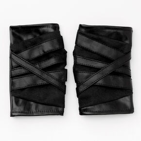 Wrap-Look Faux Leather Fingerless Gloves - Black,
