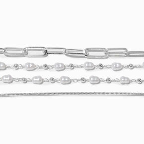 Silver-tone Mixed Chain Pearl Multi-Strand Bracelet,