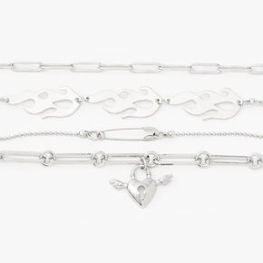 Silver Hearts and Flames Chain Bracelet Set - 4 Pack,