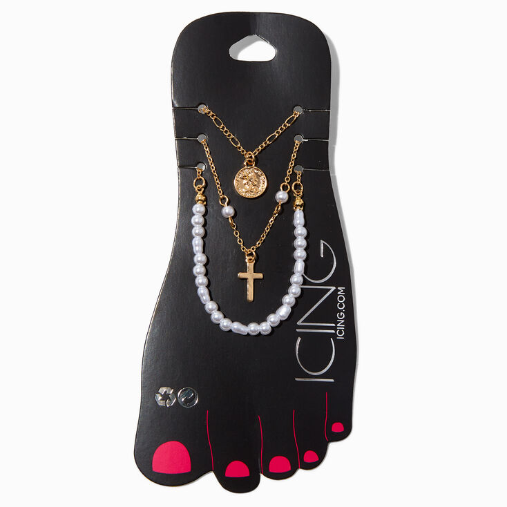 Gold Cross &amp; White Bead Chain Anklets - 3 Pack,