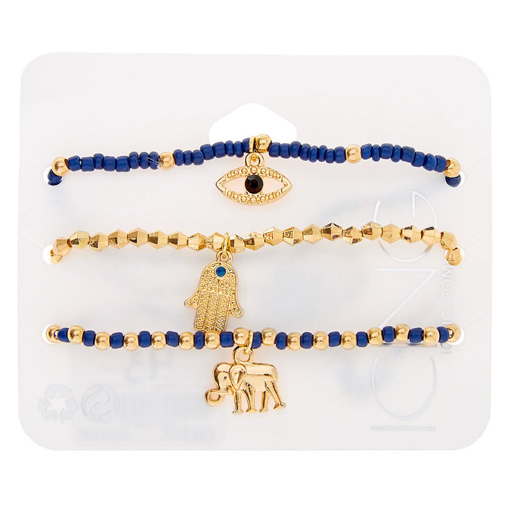 Gold Mystic Bead Stretch Bracelets - Navy, 3 Pack,