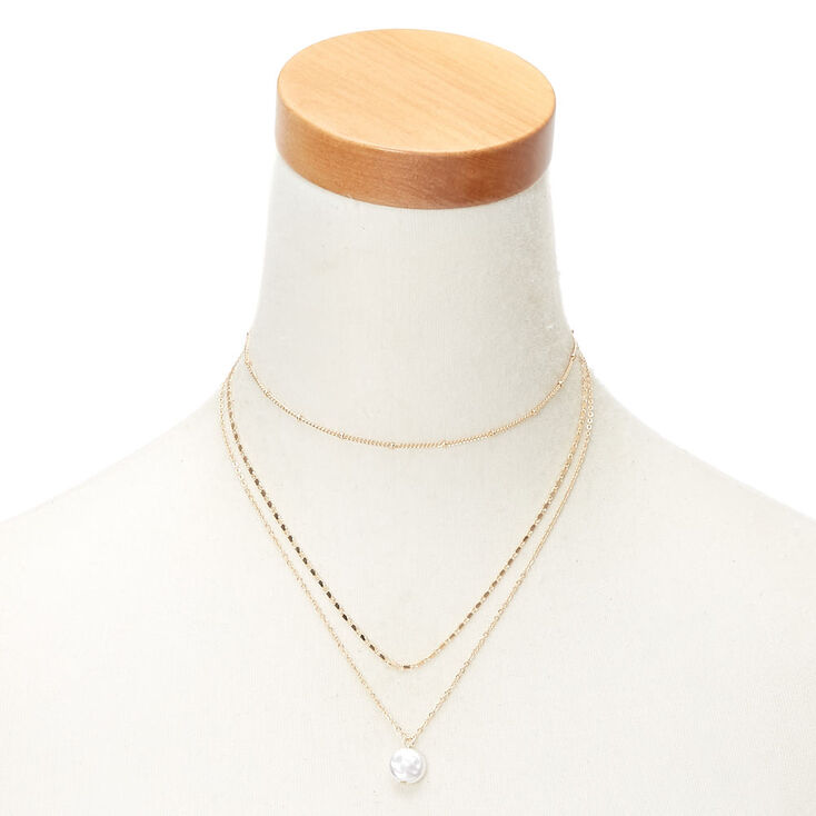 Gold Flat Pearl Multi Strand Necklace,