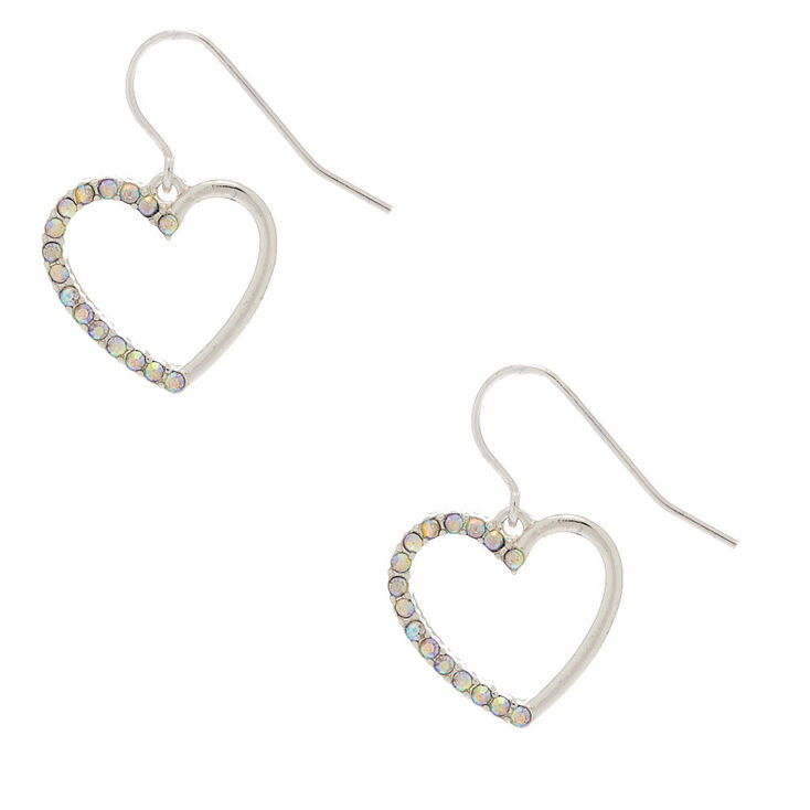 Silver 1&quot; Simulated Crystal Heart Drop Earrings,