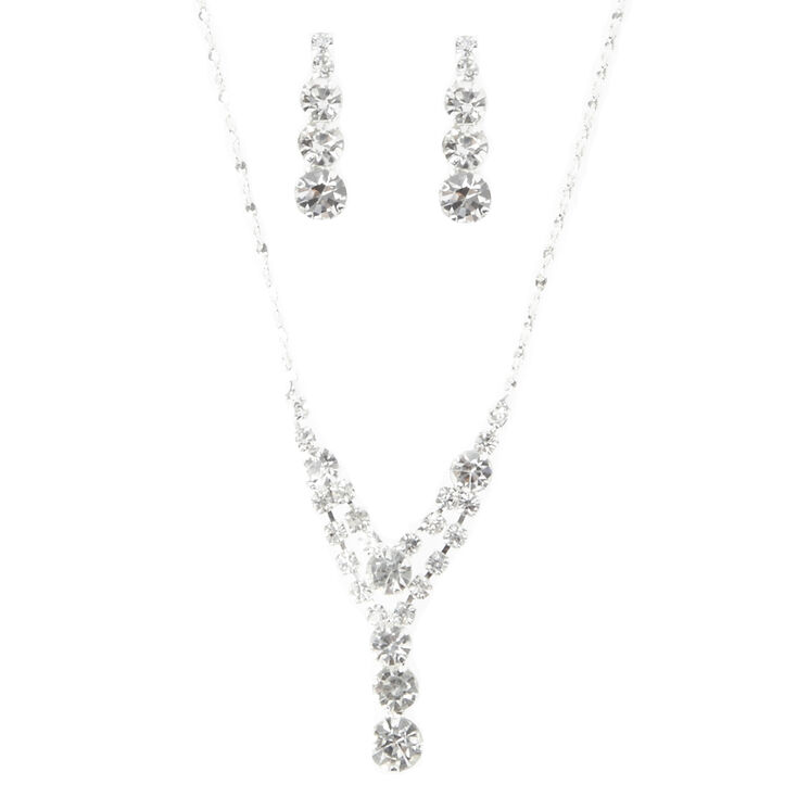 Silver Rhinestone Chevron Tiered Y-Necklace & Earring Set,